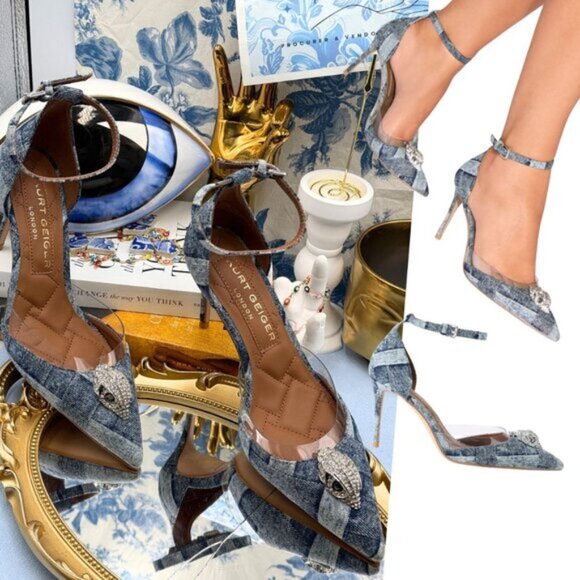 🆕 KURT GEIGER LONDON 🧿 NWOB Belgravia Denim Vinyl High Heel - Sz 37 US 7 - Picture 1 of 15